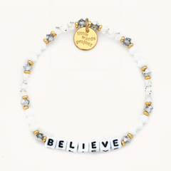 Bead bracelet from Little Words Project that reads, "Believe"