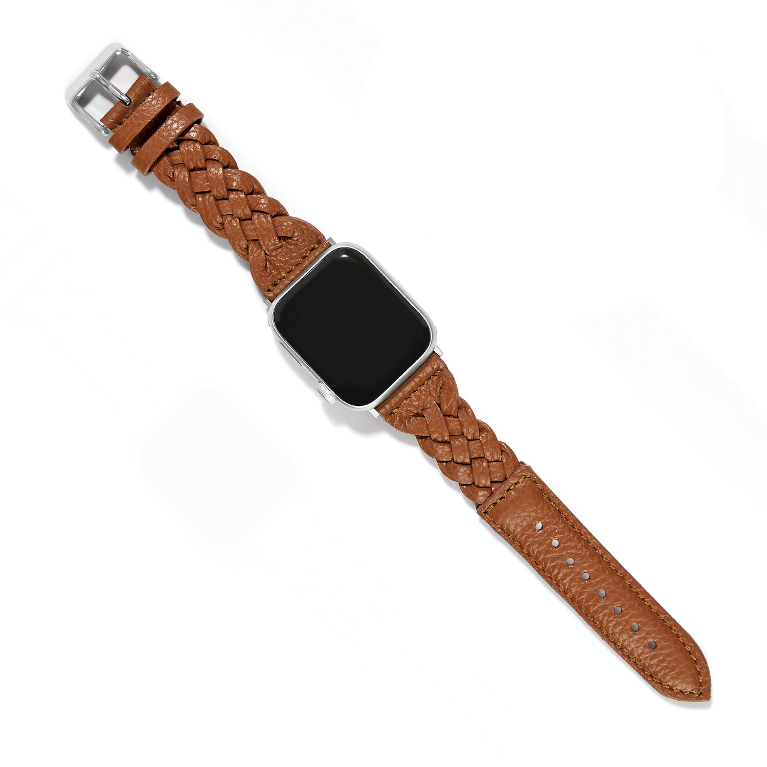 A brown leather Apple Watch band, designed by Brighton.