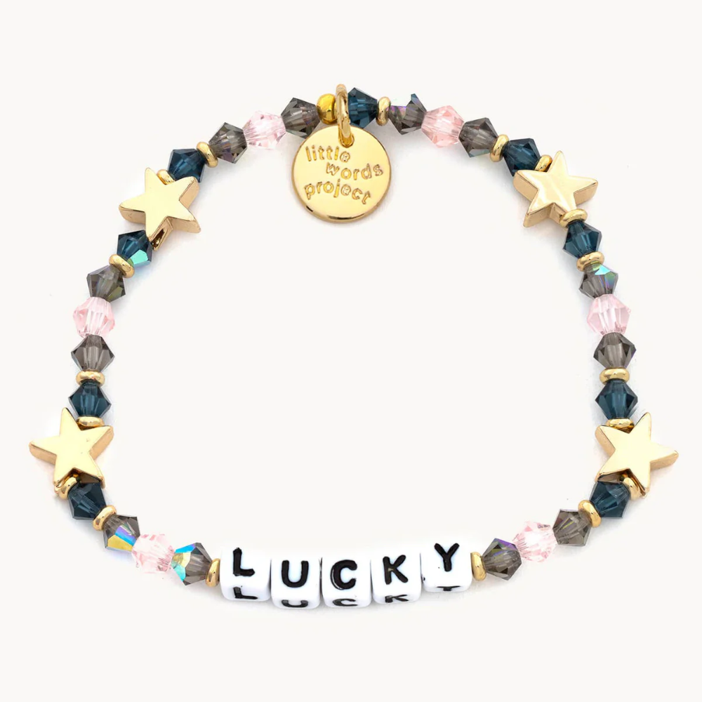 Bead bracelet from Little Words Project that reads, "Lucky."