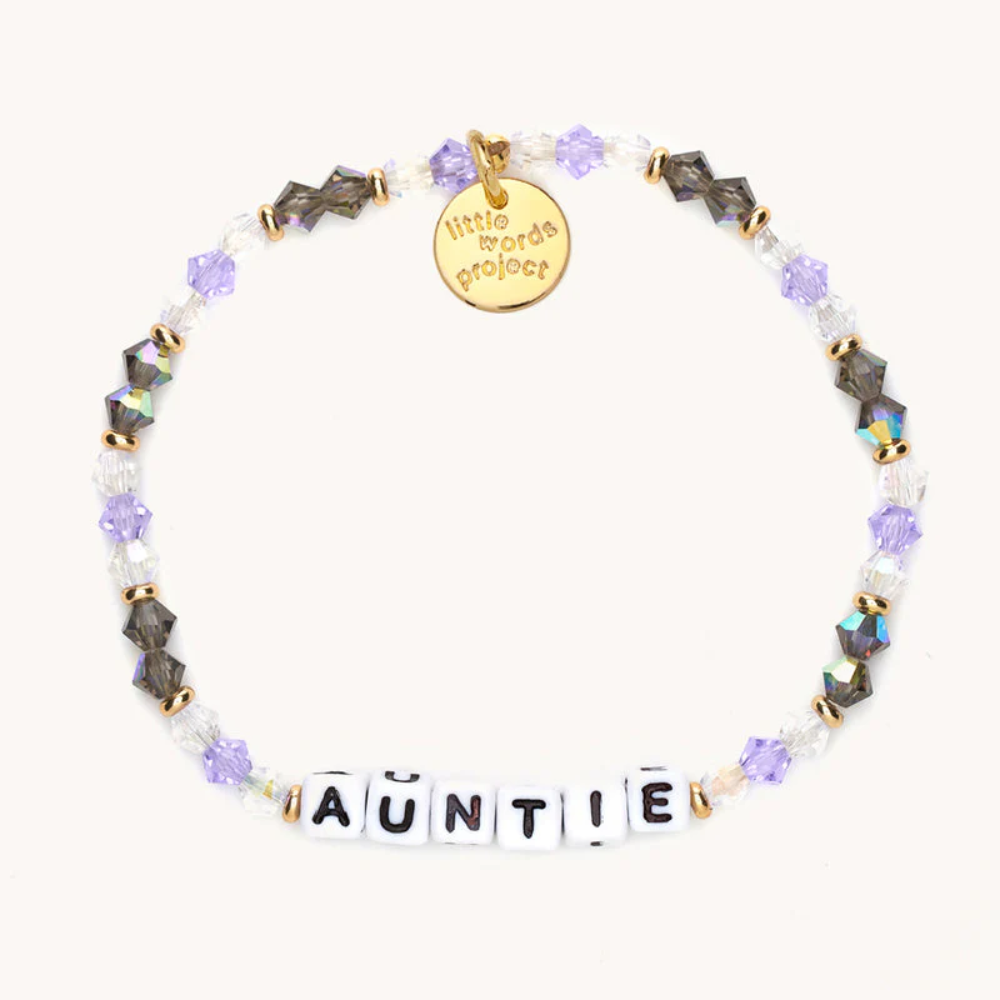 Bead bracelet from Little Words Project that reads, "AUNTIE."