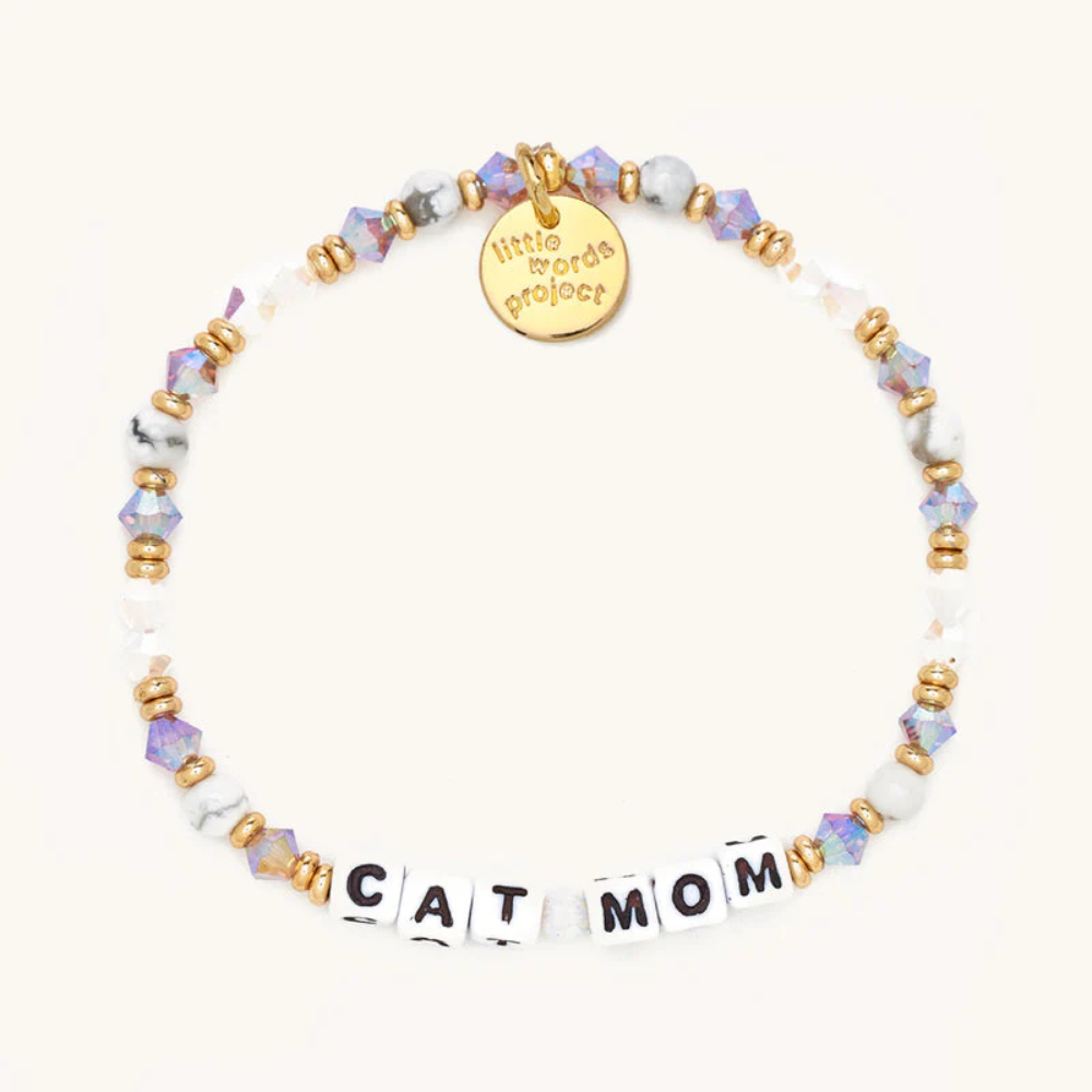 Bead bracelet from Little Words Project that reads, "CAT MOM."