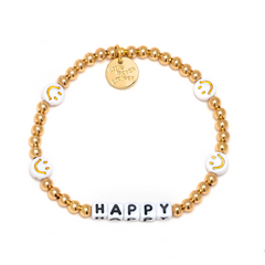 Metallic bead bracelet in gold with the word "Happy" and smily faces, from Little Words Project.