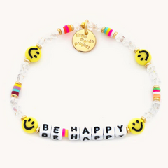 Bead bracelet by Little Words Project that reads, "Be Happy."