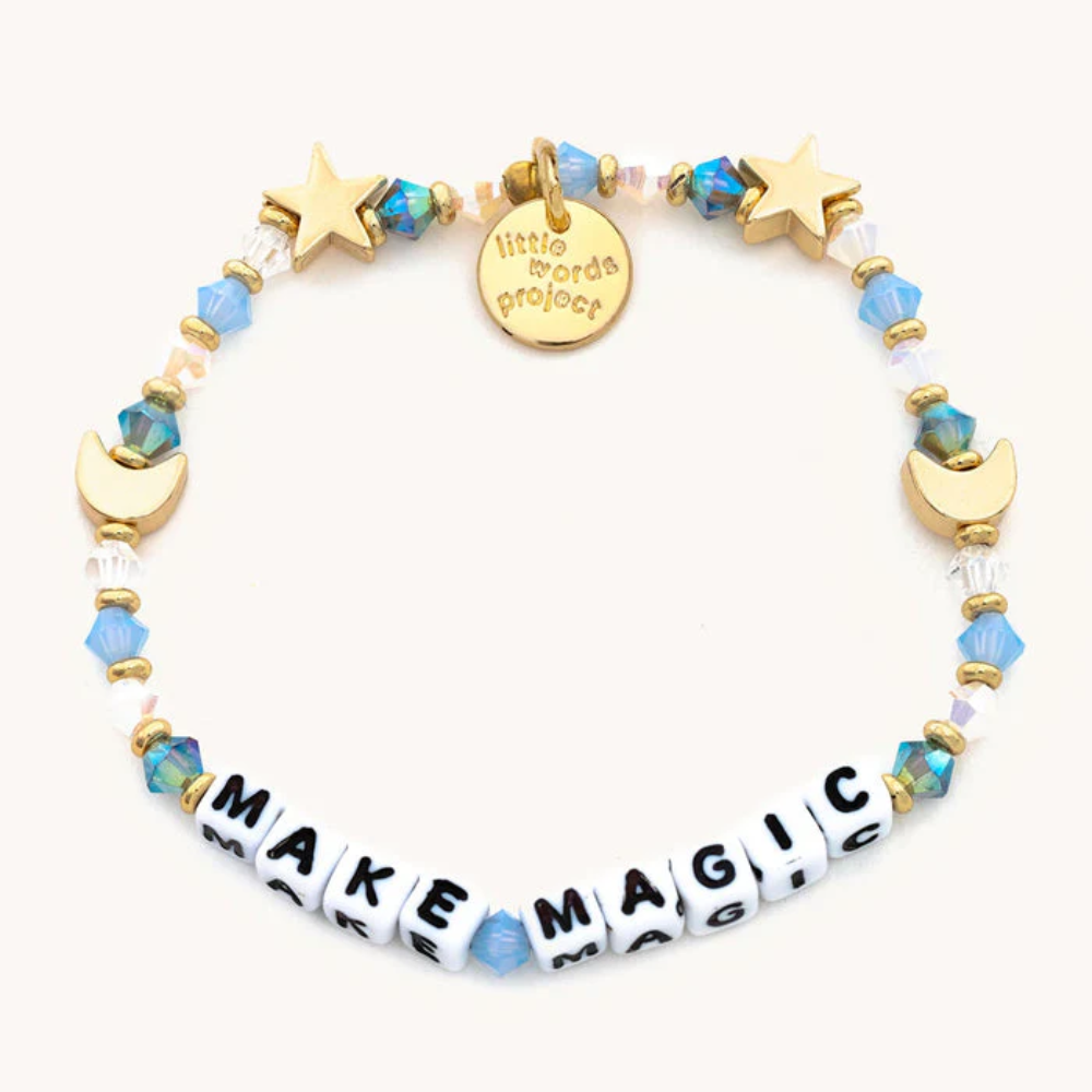 Bead bracelet from Little Words Project that reads, "MAKE MAGIC."