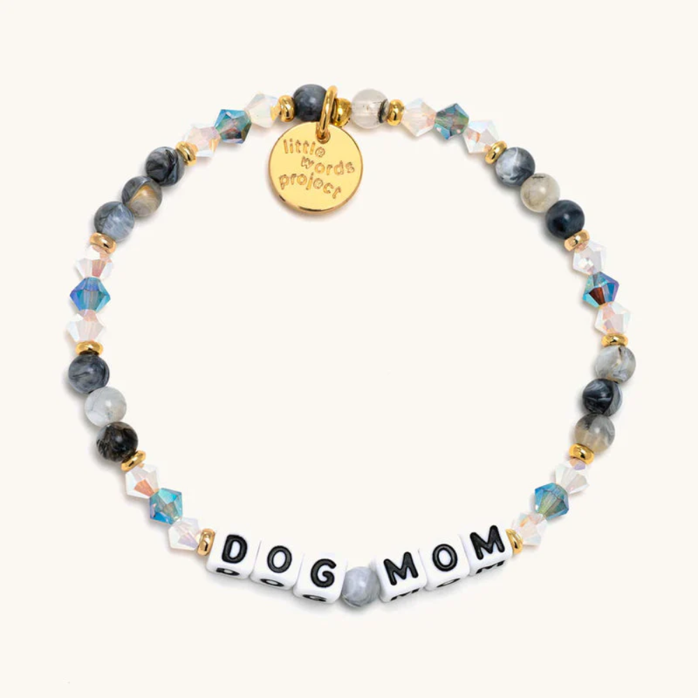Bead bracelet from Little Words Project that reads, Dog Mom.