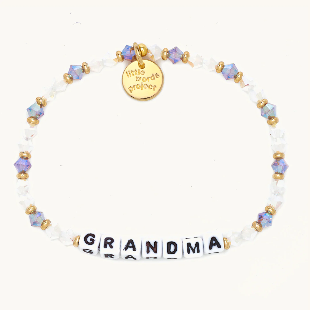 Bead bracelet from Little Words Project that reads, "GRANDMA."
