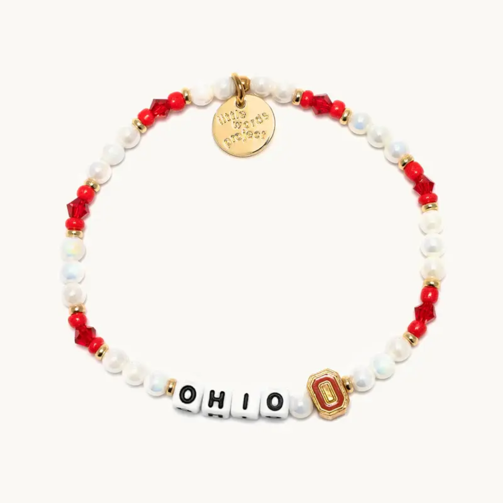 Crystal bead bracelet from Little Words Project with the word, OHIO, and the Ohio State University logo.