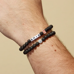 Black bead bracelet from Little Words Project with the Ohio State University logo.
