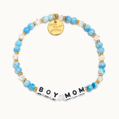 Blue bead bracelet by Little Words Project that reads, Boy Mom.