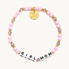 Pink bead bracelet from Little Words Project that reads, Girl Mom.