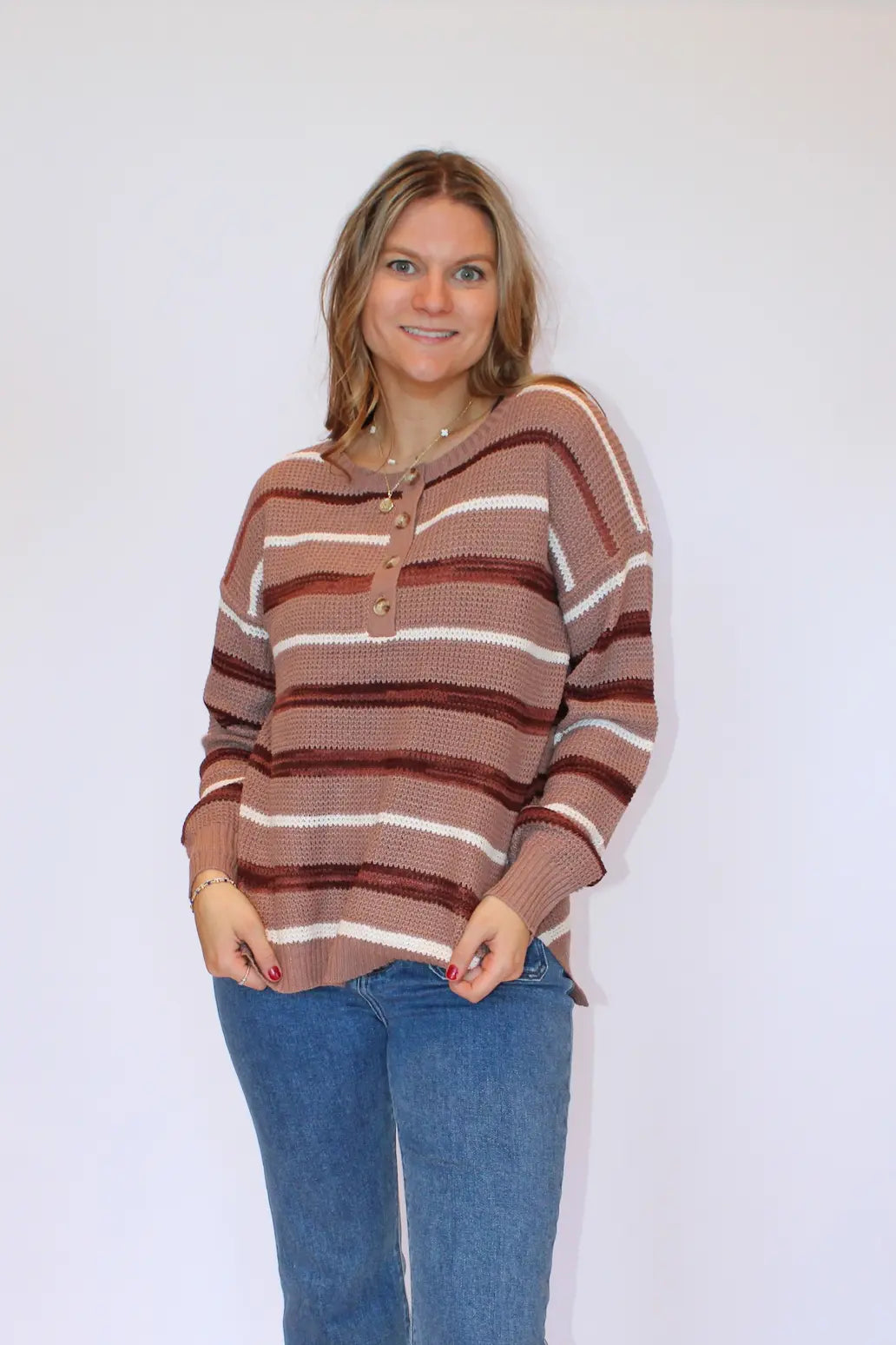 Stripe Henley Sweater Front View