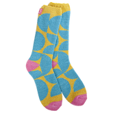 A pair of yellow, blue, and pink women's crew socks from World's Softest Socks.