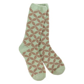 A pair of green and brown women's crew socks from World's Softest Socks.
