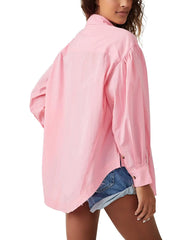 A "Happy Hour" long sleeve button up shirt for women. In the color Strawberry cream, from the brand, Free People.