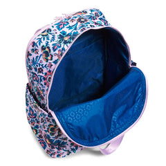 Vera Bradley ReActive Campus Totepack Cloud Vine Multi, full front view, with the main pocket unzipped. Showing the interior of the bag.