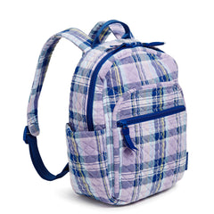 Vera Bradley Small Backpack In Amethyst Plaid Pattern with the side view of a drink pocket.