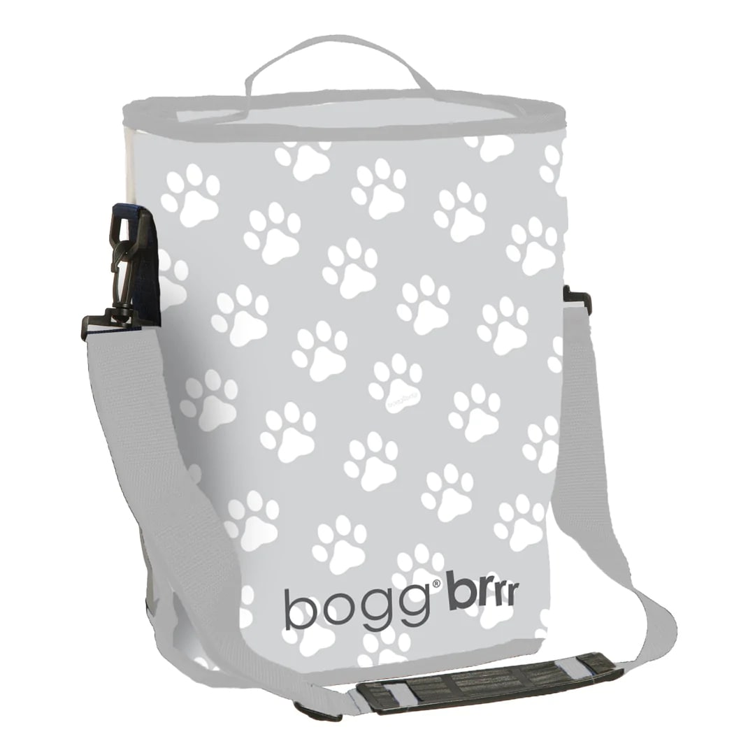 Grey and white Bogg® brrr cooler with paw prints on it. 