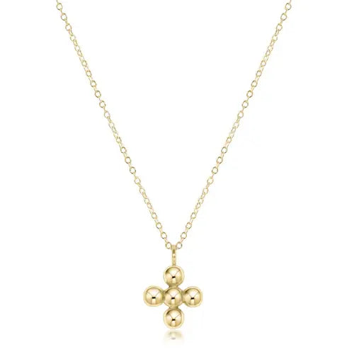 16" Necklace Gold - Classic Beaded Signature Cross Gold Charm -4mm Bead Gold Front View