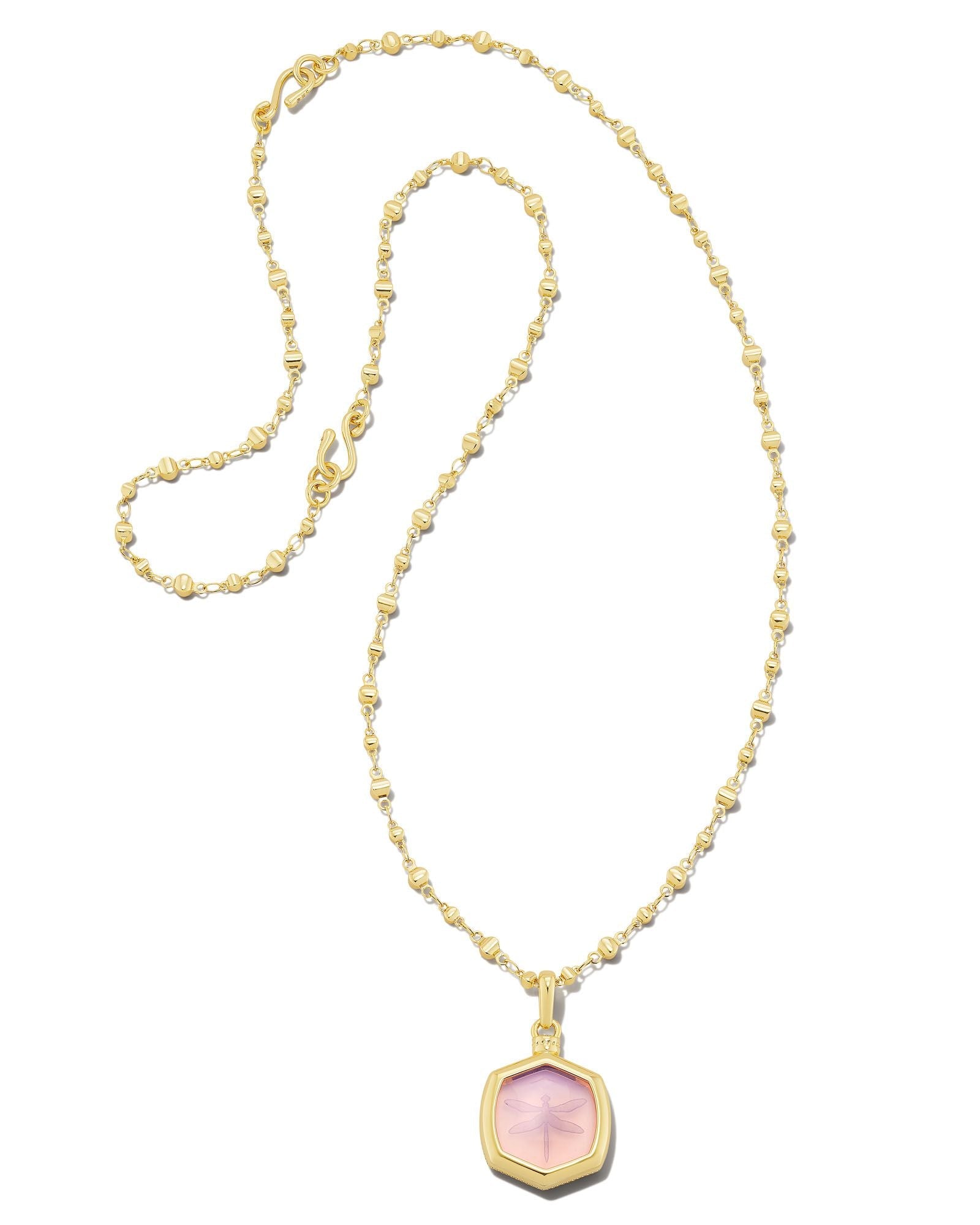 Davie Intaglio Pendant Necklace In Gold Pink Opalite Dragonfly.