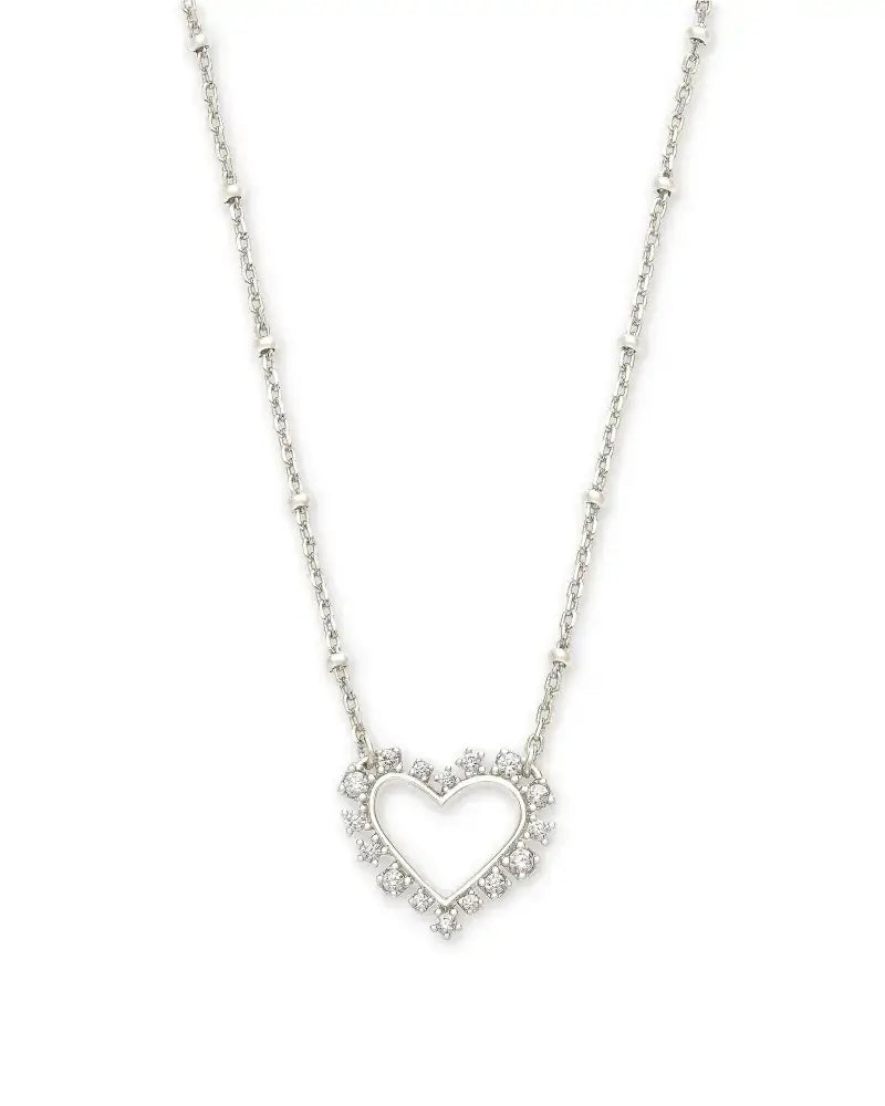 Ari Heart Crystal Pendant Necklace Rhodium - White Crystal Front View