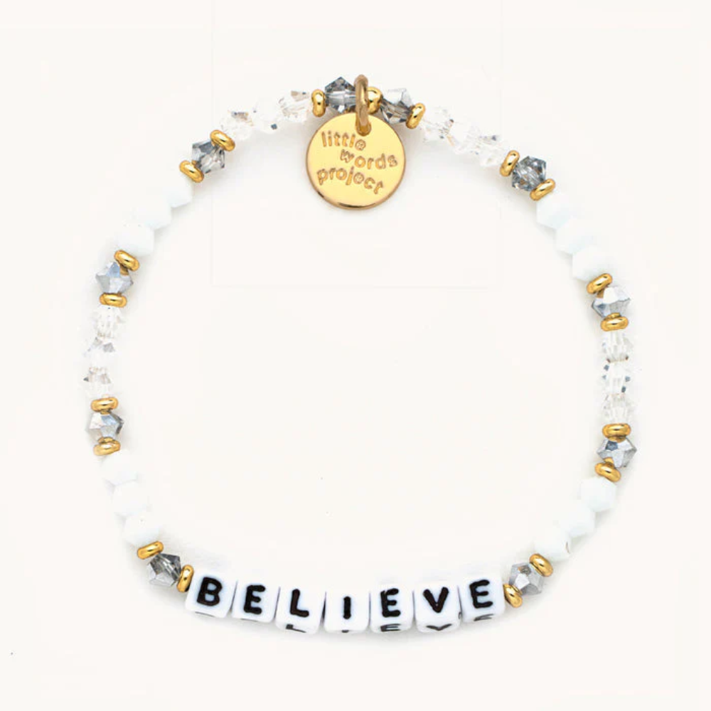 Bead bracelet from Little Words Project that reads, "Believe"