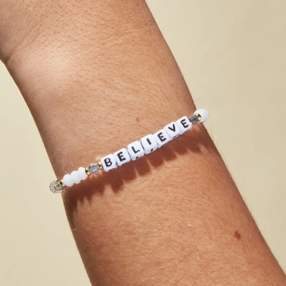 Bead bracelet from Little Words Project that reads, "Believe"
