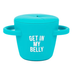 Happy Snacker in the color blue that reads, "Get In My Belly" with the Bella Tunno logo below it.