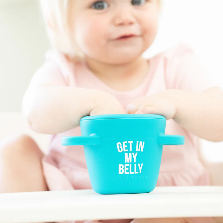 Happy Snacker in the color blue that reads, "Get In My Belly" with the Bella Tunno logo below it.