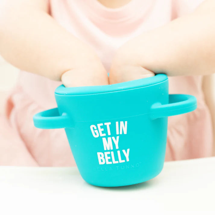 Happy Snacker in the color blue that reads, "Get In My Belly" with the Bella Tunno logo below it.