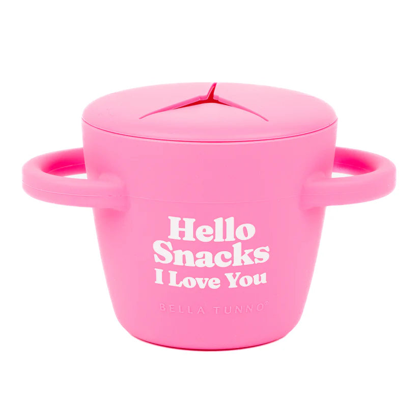 Happy Snacker in the color pink that reads, "Hello Snacks I Love You" with the Bella Tunno logo below it.