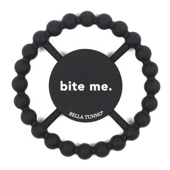 Black color Happy Teether that reads, "bite me" in the middle. The teether is made from silicone, and comes from the brand Bella Tunno.