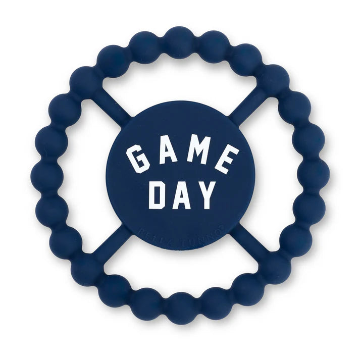 BLUE color Happy Teether that reads, "GAME DAY" in the middle. The teether is made from silicone, and comes from the brand Bella Tunno.