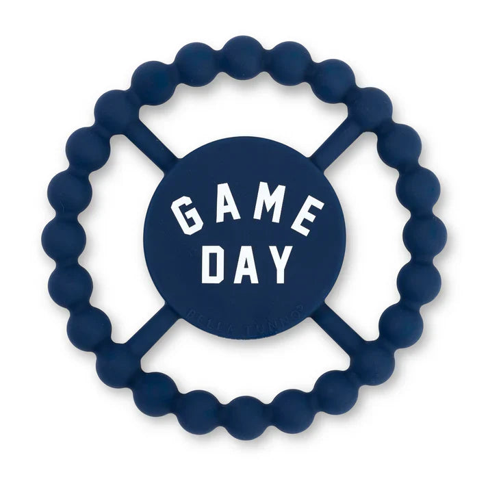 BLUE color Happy Teether that reads, "GAME DAY" in the middle. The teether is made from silicone, and comes from the brand Bella Tunno.