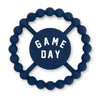 BLUE color Happy Teether that reads, "GAME DAY" in the middle. The teether is made from silicone, and comes from the brand Bella Tunno.