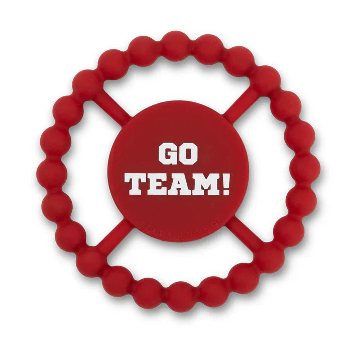 Red color Happy Teether that reads, "GO TEAM!" in the middle. The teether is made from silicone, and comes from the brand Bella Tunno.
