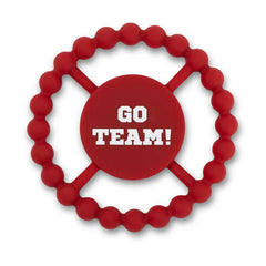 Red color Happy Teether that reads, "GO TEAM!" in the middle. The teether is made from silicone, and comes from the brand Bella Tunno.