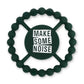 Green color Happy Teether that reads, "MAKE SOME NOISE" in the middle. The teether is made from silicone, and comes from the brand Bella Tunno.