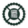 Green color Happy Teether that reads, "MAKE SOME NOISE" in the middle. The teether is made from silicone, and comes from the brand Bella Tunno.
