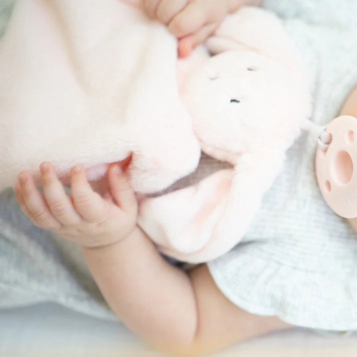 A pink bunny pacifier buddy from the brand, Bella Tunno. The bunnies name is, "Betty."