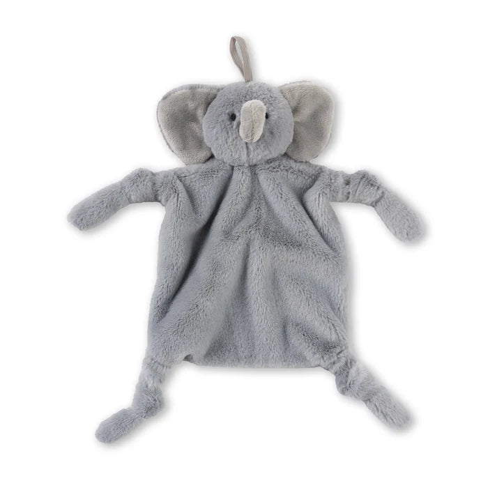 A gray elephant pacifier buddy from the brand, Bella Tunno. The bunnies name is, "Evie."