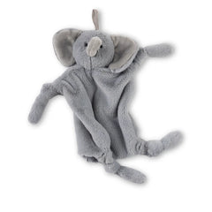 A gray elephant pacifier buddy from the brand, Bella Tunno. The bunnies name is, "Evie."