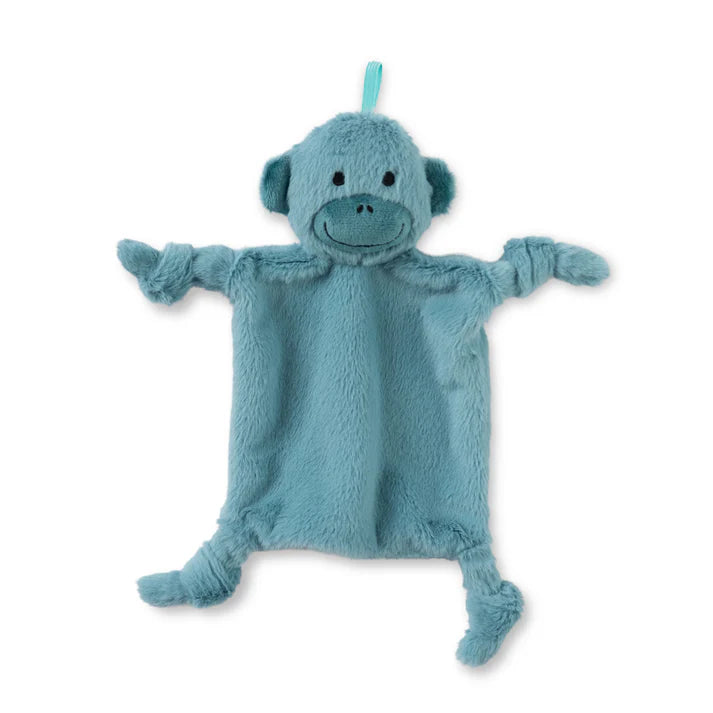 A blue monkey pacifier buddy from the brand, Bella Tunno. The bunnies name is, "Milo."