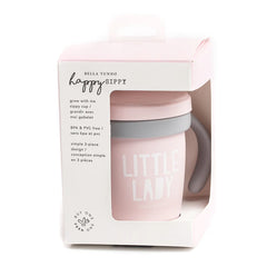 A pink color sippy cup, with gray handles. The sippy cup reads, "Little Lady" with the Bella Tunno logo at the bottom.