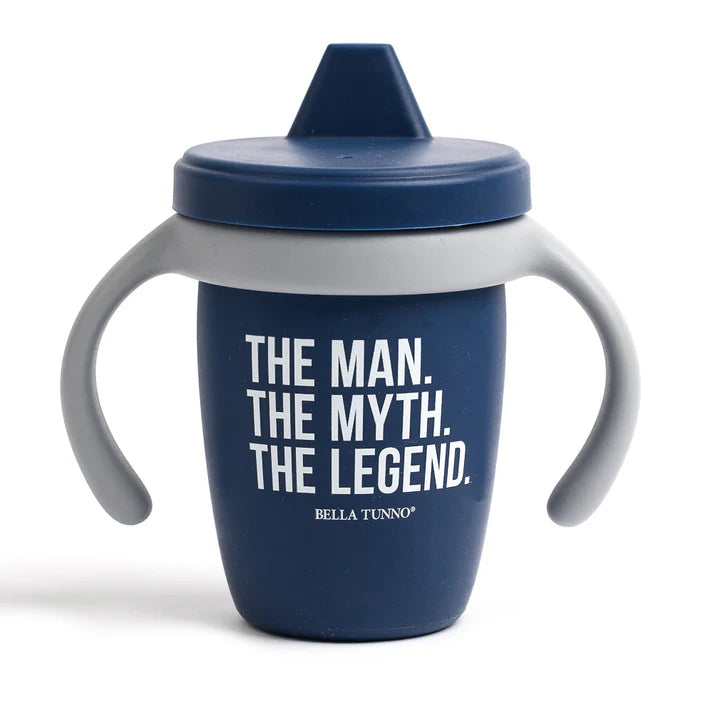 A navy color sippy cup, with gray handles. The sippy cup reads, "The Man. The Myth. The Legend." with the Bella Tunno logo at the bottom.