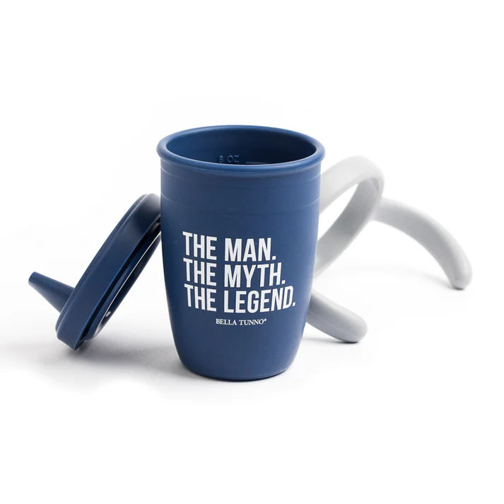 A navy color sippy cup, with gray handles. The sippy cup reads, "The Man. The Myth. The Legend." with the Bella Tunno logo at the bottom.