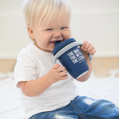 A navy color sippy cup, with gray handles. The sippy cup reads, "The Man. The Myth. The Legend." with the Bella Tunno logo at the bottom.