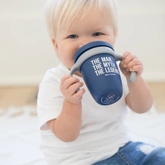 A navy color sippy cup, with gray handles. The sippy cup reads, "The Man. The Myth. The Legend." with the Bella Tunno logo at the bottom.