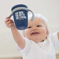 A navy color sippy cup, with gray handles. The sippy cup reads, "The Man. The Myth. The Legend." with the Bella Tunno logo at the bottom.