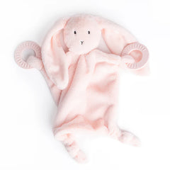 A pink bunny teether, with two teething rings on it's paws. The bunnies name is Betty, and comes from the brand Bella Tunno.