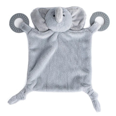 A grey elephant teether, with two teething rings on it's paws. The bunnies name is Evie, and comes from the brand Bella Tunno.